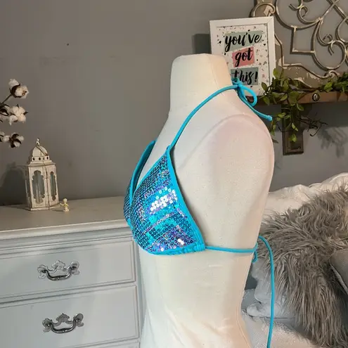 Bongo Blue Sequin Sparkly Bikini Swimsuit Top  Large Tie back