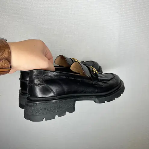 Journey West Black Leather Lug Sole Loafers Fringe Gold Hardware