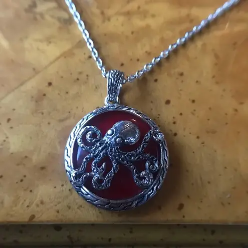Red Coral Octopus Sterling Silver Pendant Necklace Gray