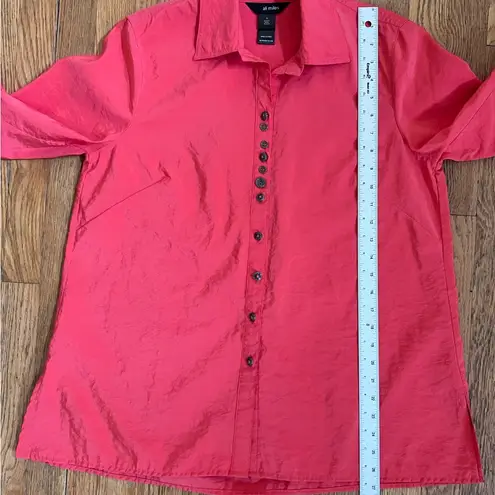 Ali Miles Crinkled Button Front Blouse Bright Coral Pink Collared Women’s Small