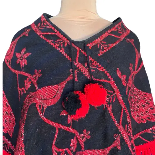 Vintage Black Red Peacock Fringe Shawl Poncho Boho Statement Holiday Topper Size M