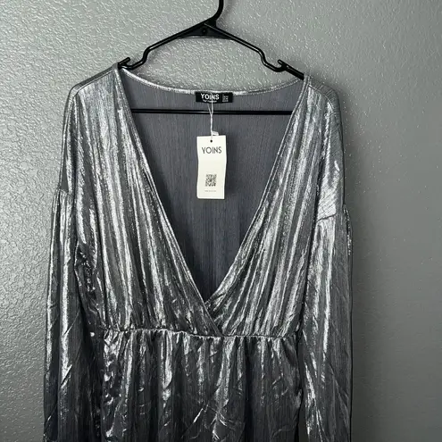 Yoins Metallic Silver Long Sleeve V-Neck Romper Jumpsuit Size US 12 (UK 16 / EU