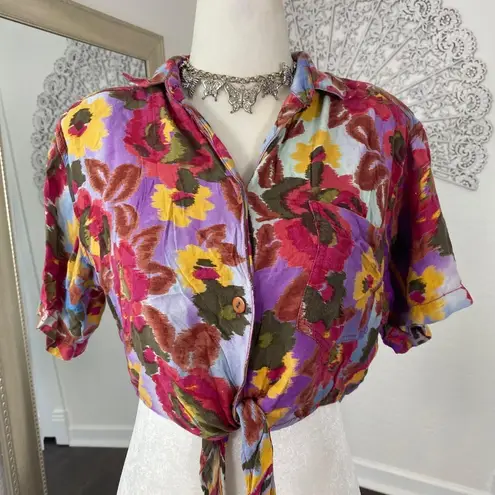 Vintage 90s 1991 Colorful Boho Hippie Floral Flower Front Tie Crop Top Blouse S