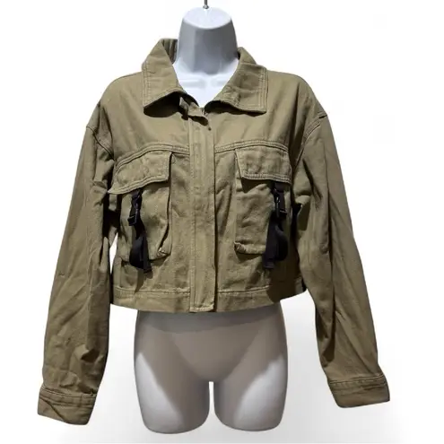 LILAC SUNSET Khaki Utility Cropped Jacket Size M Quirky Unique Streetwear Zip Up Tan Size M