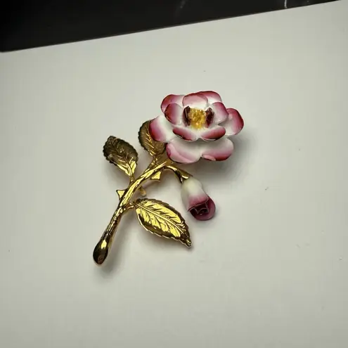 Pink & White Porcelain Rose Bud Flower Stem Brooch Pin Gold Tone Signed CR