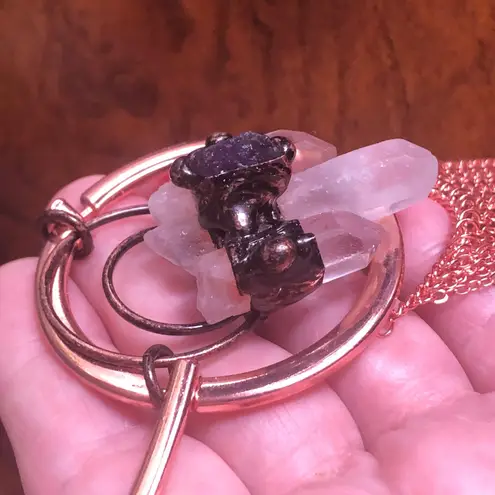 Amethyst Handcrafted copper clear quartz fringe pendant necklace