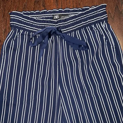 ZARA  Women’s Navy Blue & White Striped Paper Bag Tie Waist Stretchy Pants