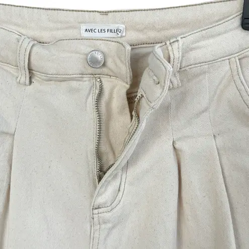 Avec Les Filles SZ 8 Wide Leg Pleated Crop Jeans Stretch Hi-Rise Zip-Fly Cream
