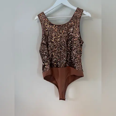 Francesca's Bodysuit Bronze Sequin Sleeveless Round Neck Party XL NWT Brown