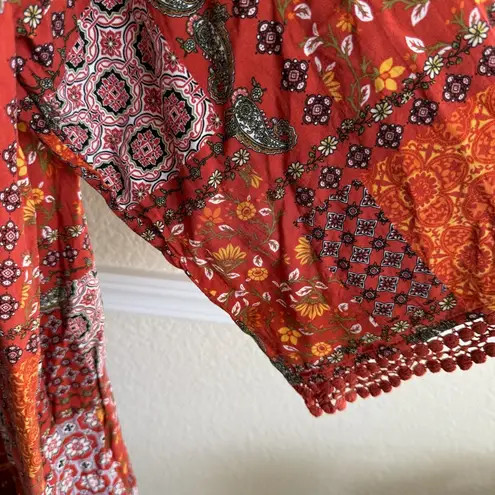 Boho Kimono Cardigan Women’s Large Rust Orange Patchwork Sheer Lightweight Layer