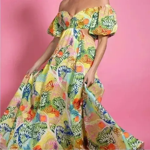 STAUD Coliseum Off-The-Shoulder Linen Tropical Print Dress Size 8