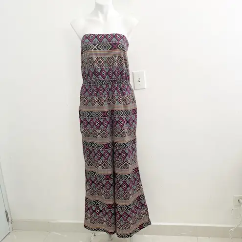 DIZZIER Aztec Print Jumpsuit LARGE Multicolor Pockets Elastic Waist Womens Pink