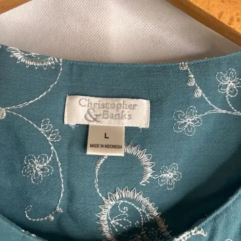 Christopher & Banks Teal Embroidered Button Front Drawstring Waist Top Sz LG - Image 6