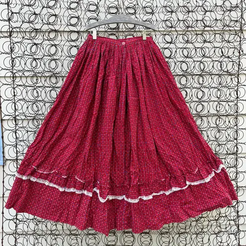 VTG 80s 90s prairie Gunne red calico floral eyelet lace tiered skirt 25" WAIST Size XS