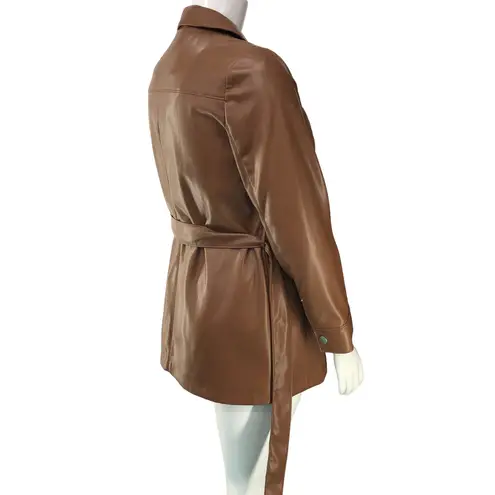 Chico's  Womens Sz 1 US 8 M Vegan Leather Utility Jacket Camel Mid Length Belt NEW