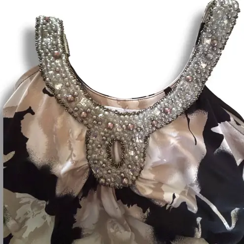 INC Women's Embellished Floral Tank Top M Black Beige Sparkle Bling Size M