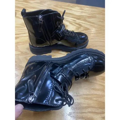 Tod's Women's 6.5 Black Patent Leather Side Zip Lace Up Ankle Strap Combat Boots