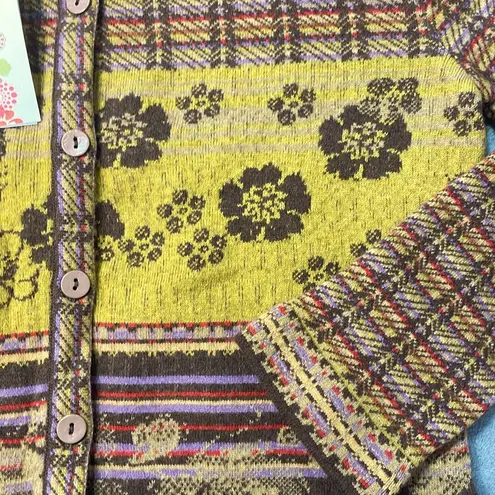 Flavored Tartan wool cardigan Float floral brown lavender red orange yellow tan Size M