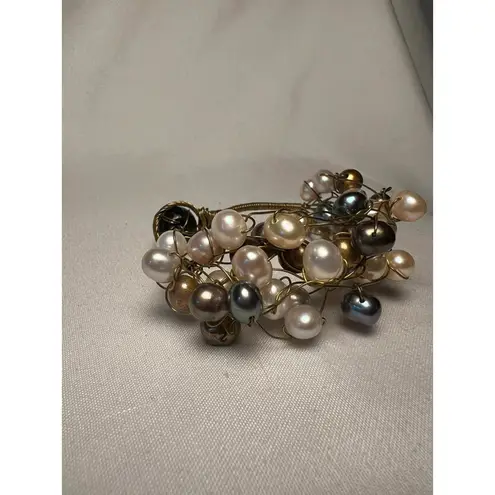 Freshwater Pearl Multicolor boho beachy Wire Wrap Cluster Woven Toggle Bracelet Gold