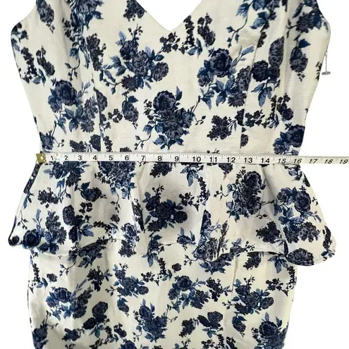 En Saison A Sight To See Peplum Midi Dress Womens L Navy Blue Floral Jacquard White Size L