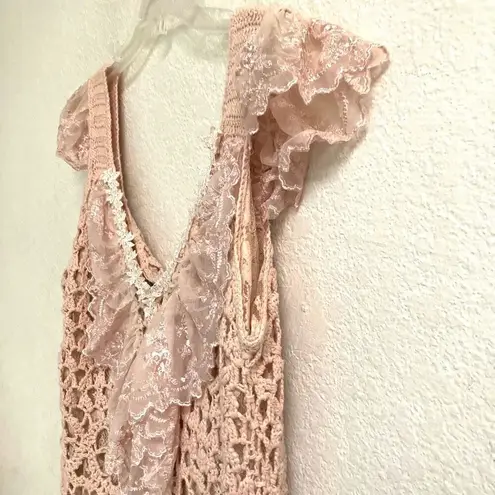 Baby pink BoHo fairycore coquette crochet floral lace tank sweater women’s L Size L