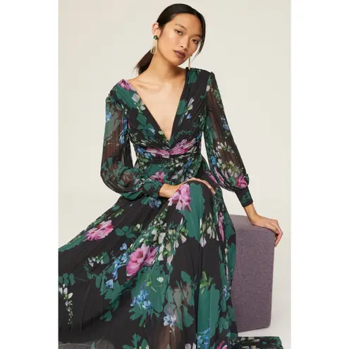 Badgley Mischka Black Floral Print Long Sleeve V-Neck Pleated Chiffon Gown 12