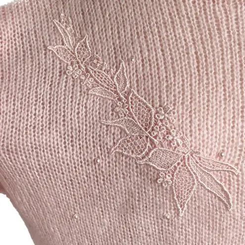 Vintage puff shoulder lace appliqué faux pearl loose knit sweater size XL