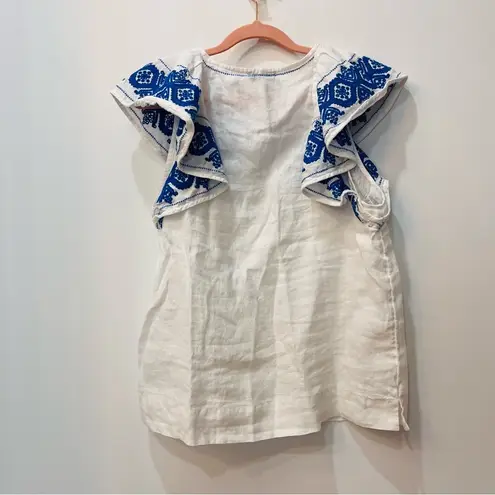 J.Crew  100% linen Flutter sleeve Embroidery blouse blue white size small thumbnail 84