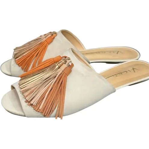 Anthropologie Vicenza Tasseled Slides Leather Sandals Shoes 37 / 8 Orange