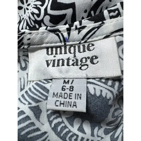 Unique Vintage Black White Paisley Wrap Tie Front Sleeveless Blouse Top M