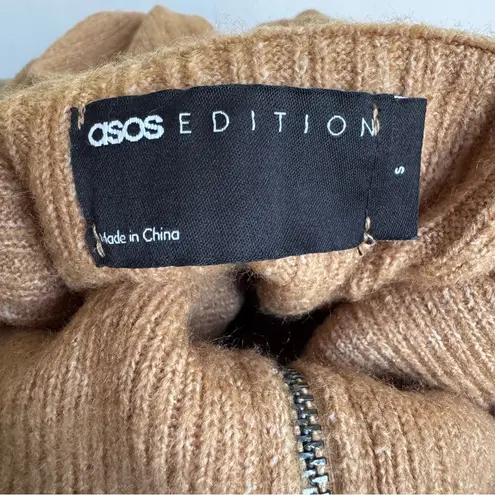 ASOS EDITION Rib Knit Half Zip Oversized Turtleneck Collar Sweater Camel Size S Tan