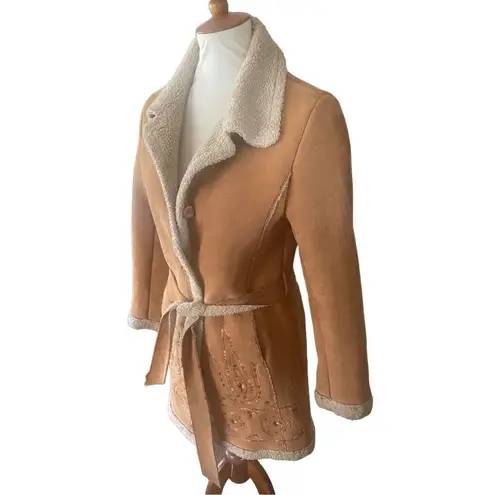 Daniel Benjamin Faux Leather Sherpa Lined Embroidered Boho Style Jacket Size Sma Tan - Image 5