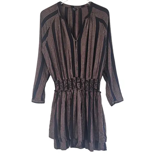 Rails  Jasmine Mini Dress Midas Stripe Metallic Smocked Button Front Black Gold L