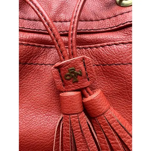 Royna Red Leather Bucket Bag With Tassels Adjustable Strap & Gold Hardware By Ra