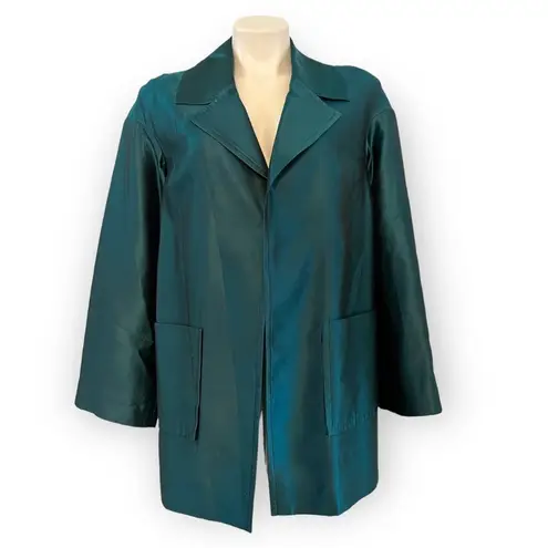 St. John COUTURE Sharkskin Silk Wool Blend Teal Open Front Jacket Blazer Size 8