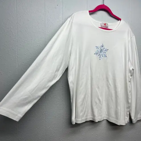 Quacker Factory Vtg Womens Long Sleeve White T-Shirt XL Cotton Holiday Snowflake
