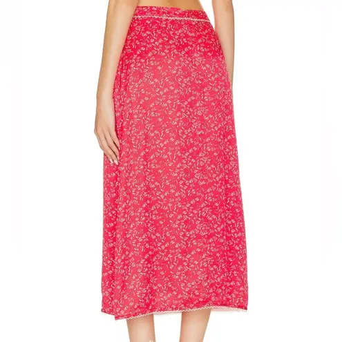 For Love & Lemons Barbera Midi Skirt in Red Floral Midi Skirt Lace Trim Large