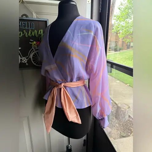 Vintage 70/80s handmade abstract pastel sheer wrap waist tie blouse, size 4/6 Purple