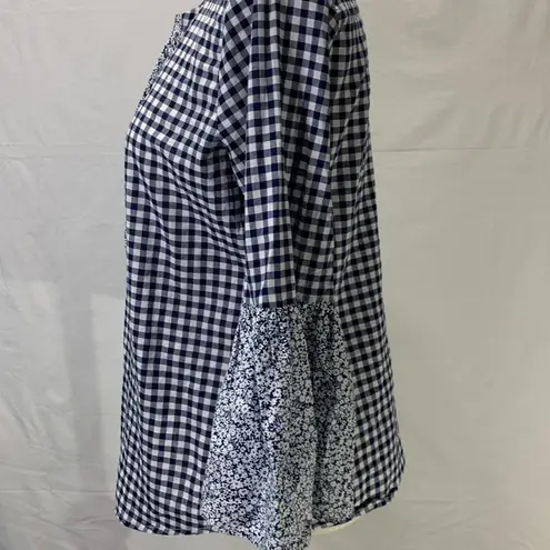 st. john's bay St. John’s Bay Gingham Print and Floral Navy Blue and White Peasant Top Size S