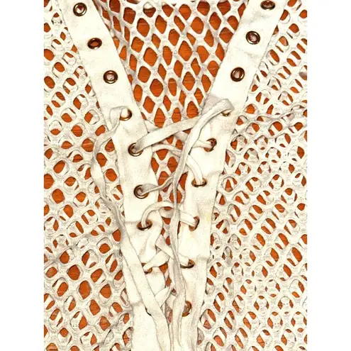CCC Mesh Lace Up Crochet Swim Short Sleeve Cover Up Top Airy Mesh Size Medium White