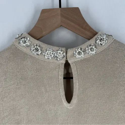 Endless Rose Metallic Gold Stretch Jersey Liquid Knit Embellished Neck Top M