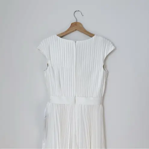 Mac Duggal NEW Pleated Cap Sleeve Belted A-line Midi Dress Gown Whiteb