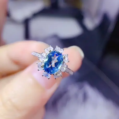 18K White Gold Plated Adjustable Birthstone Aquamarine Sapphire Ring for Women Blue