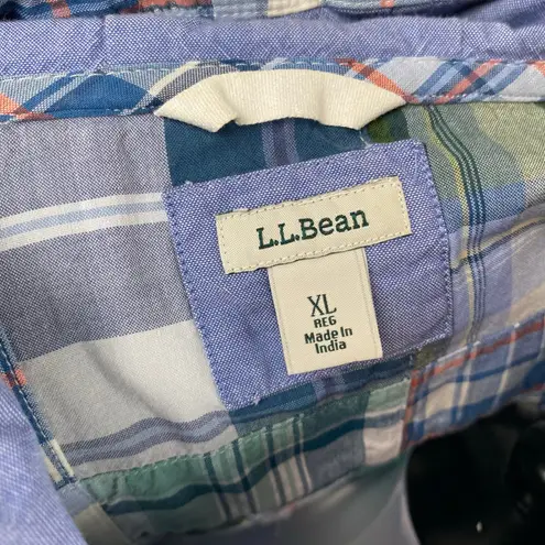 LL Bean Anorak Madras Patchwork Plaid Pullover Hoodie Jacket Women’s XL 90s Blue