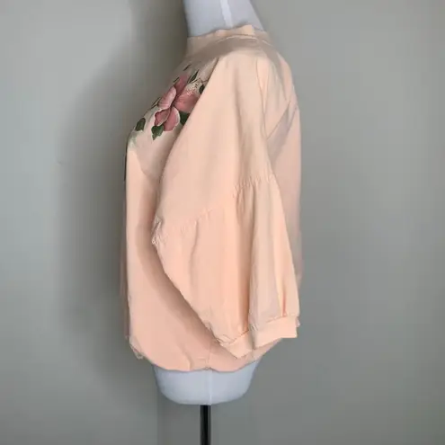 Vintage Peach Painted Flower Popover Top 80s 90s Sz Large Orange