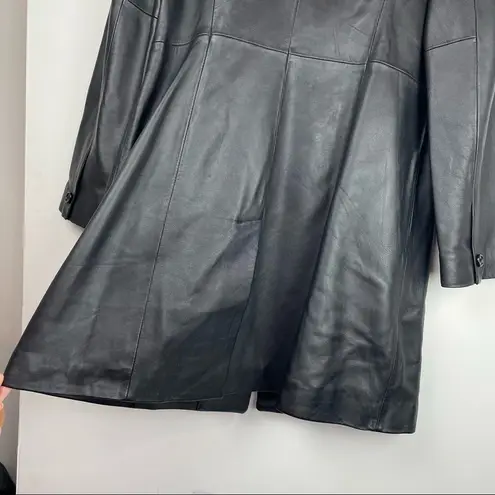 Covington Long Black Leather Jacket Button Front Trench Sz Med Faux Fur Collar