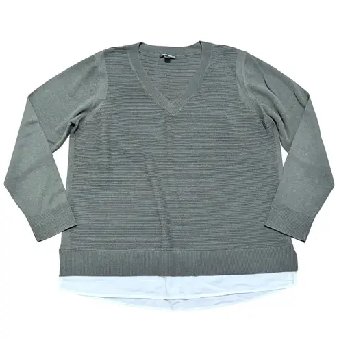 Hilary Radley Womens XXL Olive Green V Neck Ribbed Sweater Top White Layered Hem