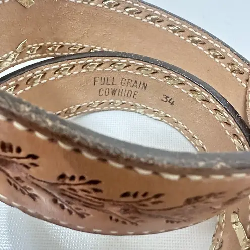Cowhide Belt Womens 34” Tan Gold Floral Tooled Leather Personalized Vintage
