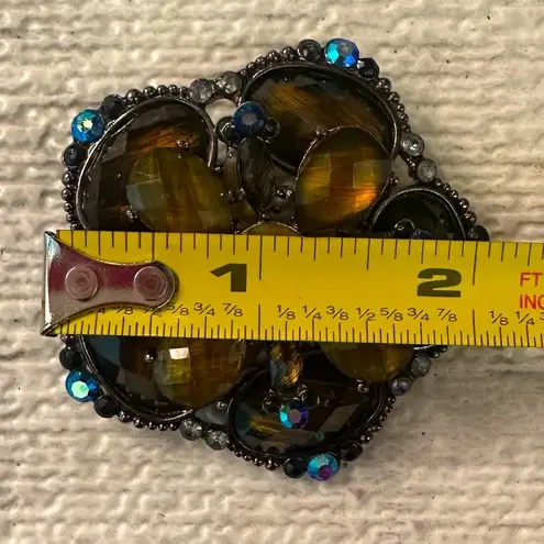Vintage Flower Faceted Rhinestone Brooch Blue Black Amber Gold Silver Tones