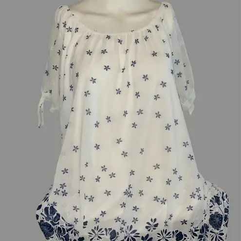 Siren Lily White and Navy Floral BoHo peasant style Tunic Top Tie Sleeve Size XL